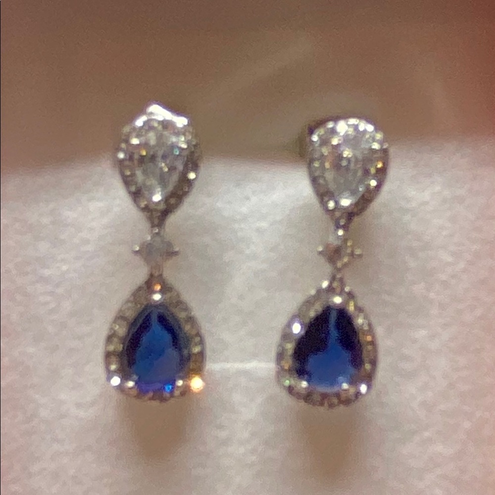 18k White Gold Natural Sapphire & CZ Earrings - Picture 3 of 5
